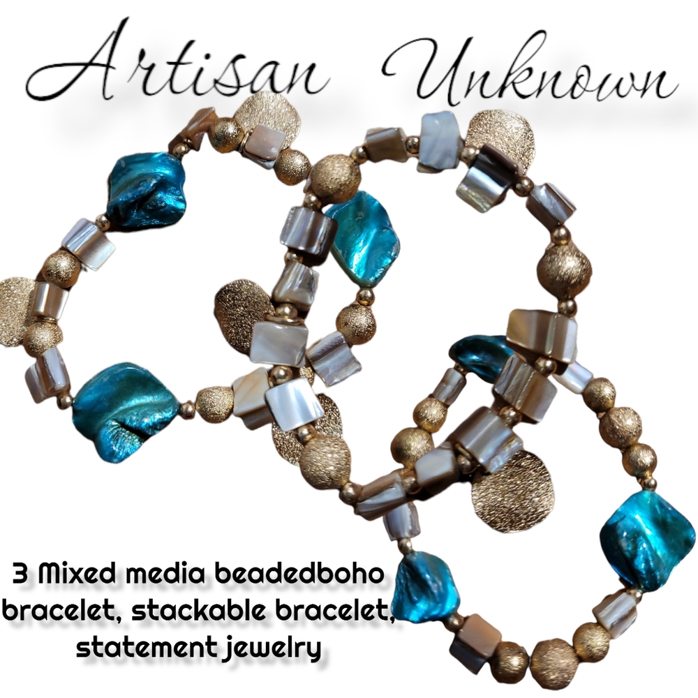 Bohemian Chic 3 Mixed media beaded bracelets turquoise golden stretchy jewelry
